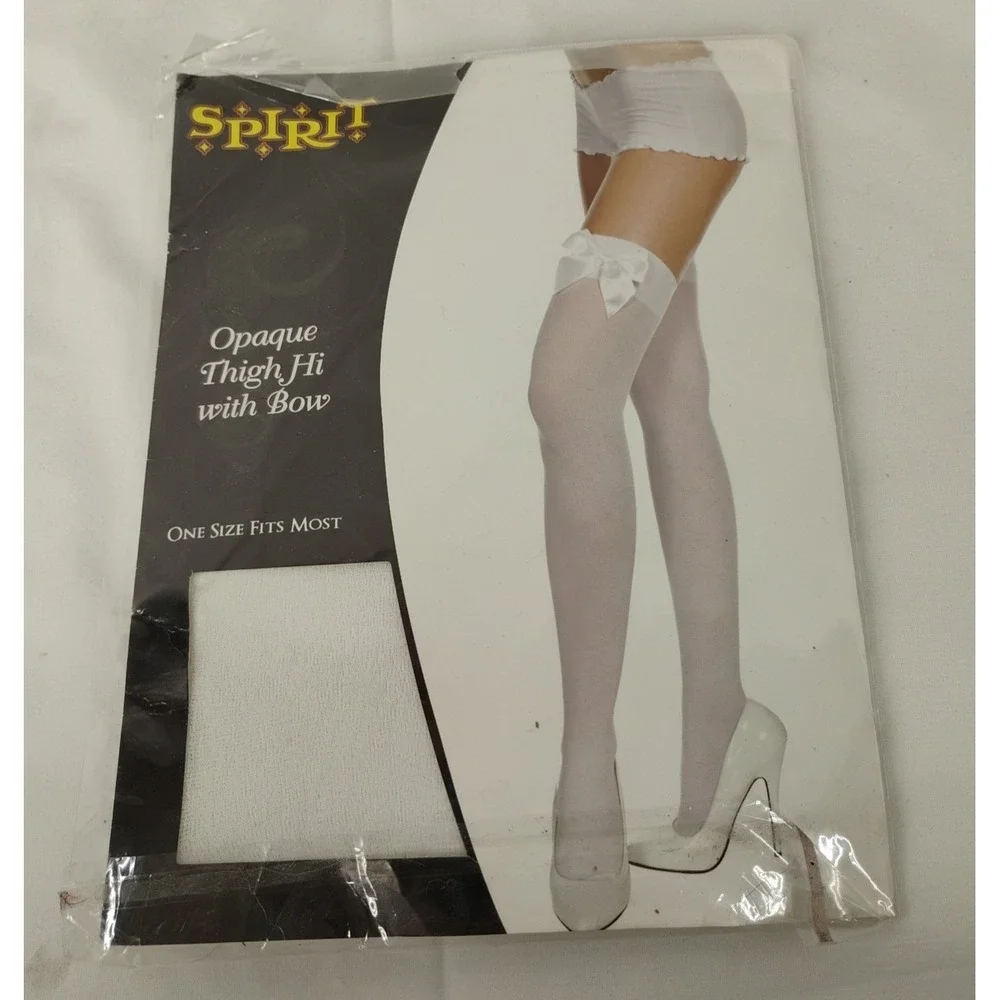 Spirit Halloween‎ Womens White Opaque Thigh High W/Bows One Size Cosplay